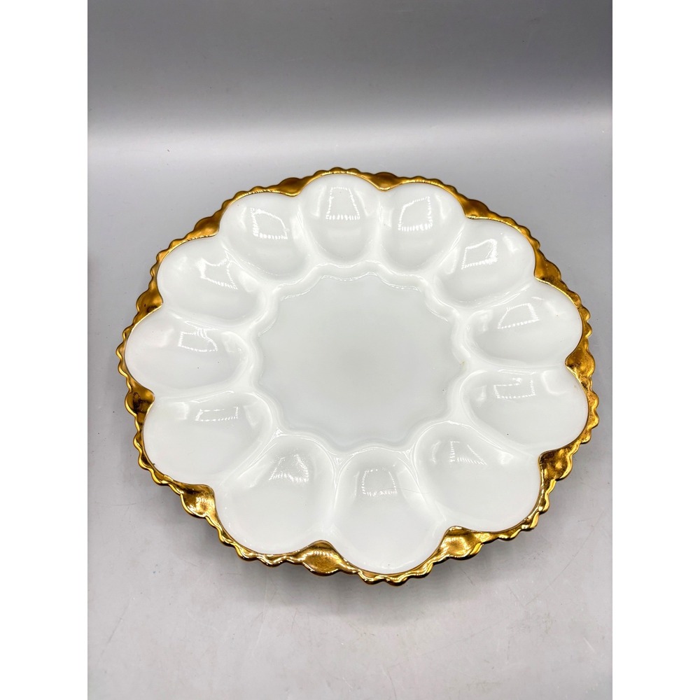 Vtg Milk Glass Deviled Egg Plate 22k Gold Encrusted Scalloped Rim 10"